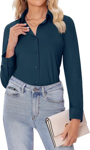 Vista 31 de siliteelon Camisas con botones para mujer, ajustadas, de manga larga, elásticas, de vestir, camisas de trabajo, sin arrugas, blusas de oficina