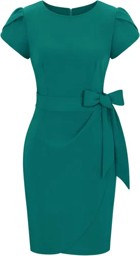 Vista 3 de Moyabo Vestido ajustado de manga corta para mujer cuello redondo lazo en la cintura casual fiesta trabajo cóctel