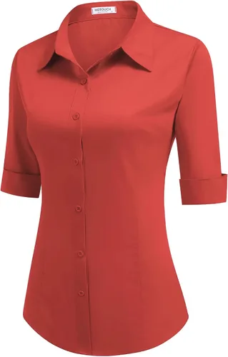 Vista 8 de HOTOUCH Camisa de manga 3/4 con botones para mujer, blusas de trabajo ajustadas, camisas de vestir de algodón, camisas de oficina Negro