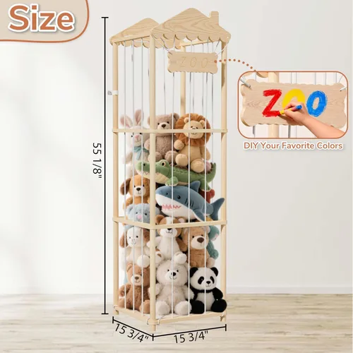 Vista 2 de AMBIRD Almacenamiento de animales de peluche, soporte de madera para zoológico, organizadores de juguetes grandes para niños, almacenamiento