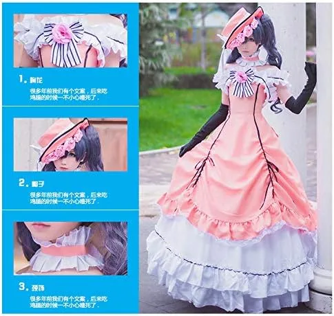 Vista 5 de Cos Anime Negro Butler Kuroshitsuji Cos Halloween Palace Mujer Rosa Vestido Cosplay Traje VestidosombreroGuantesCuello