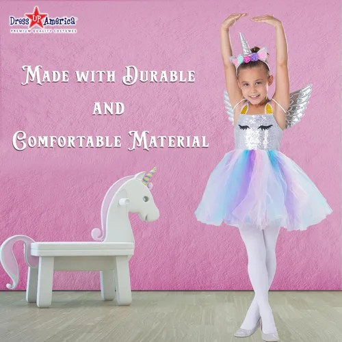 Vista 6 de Dress Up America Vestido de unicornio para niñas, vestido de fiesta de disfraz de unicornio, vestido de tutú mágico y diadema