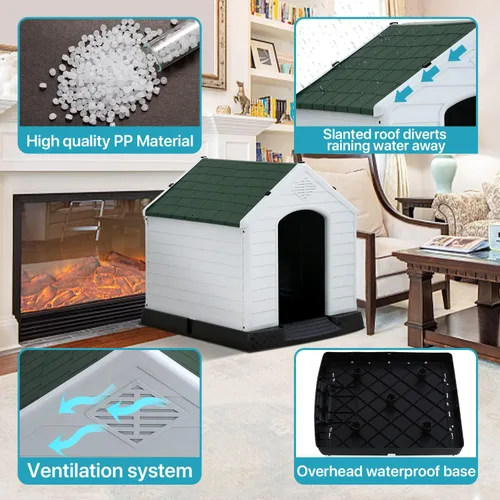 Vista 2 de Casa para perros para interiores y exteriores, impermeable, ventilada, de plástico, jaula de refugio para mascotas con ventilación y suelo elevado