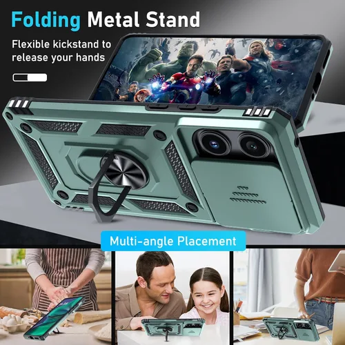 Vista 2 de Janmitta Funda compatible con Moto Edge 2025, funda integrada para lente de cámara deslizante + soporte de anillo de dedo, resistente, a prueba