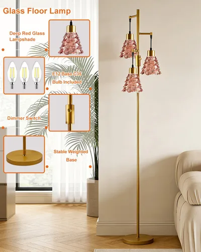 Vista 4 de Lámpara de pie moderna de cristal de 3 luces, lámpara alta de pie dorada con pantalla de vidrio de piña roja profunda, lámpara de pie LED regulable