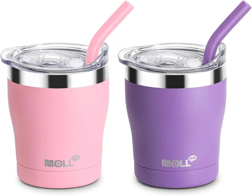 Vista 17 de Taza para niños Mollcity - Vaso de 9 oz con tapa y pajita de acero inoxidable, vaso aislado al vacío de doble pared para niños, a prueba