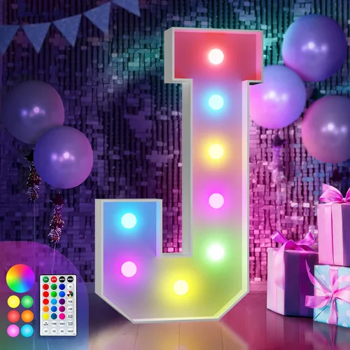 Vista 28 de Imprsv Letras coloridas de marquesina de 3 pies y letras grandes iluminadas RGB con control remoto, decoraciones de fiesta de cumpleaños Carta