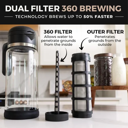 Vista 2 de VINCI Cold Brew 360, Cafetera de Café Frío de Vidrio con Tecnología de Preparación de Doble Filtro 360 Patentada, Preparación Fría para Café Helado