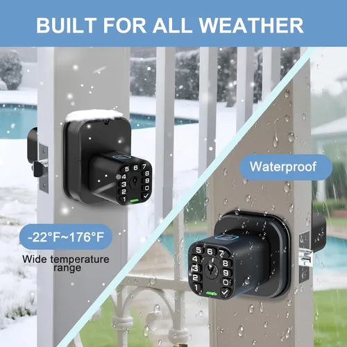 Vista 5 de IU53 Cerradura de puerta con huellas dactilares y teclado de doble cara, biométrica para todo clima, completamente impermeable con códigos de doble