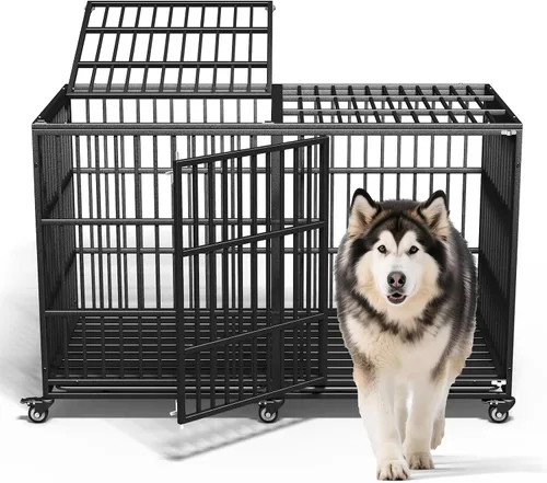 Vista 8 de Jaula resistente para perros de 58 pulgadas, jaula para mascotas duradera con techo, 2 puertas, bandejas extraíbles, ruedas con cerradura a prueba