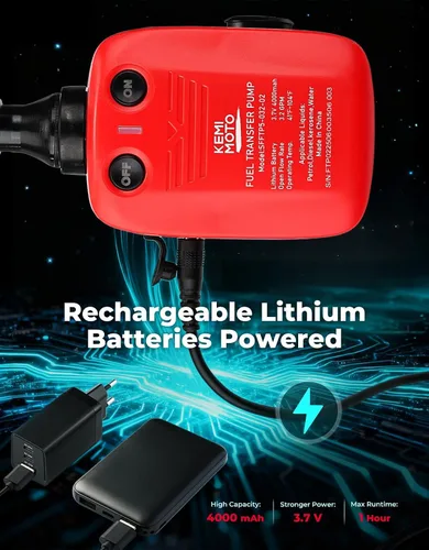 Vista 2 de KEMIMOTO Bomba de Transferencia de Combustible Recargable, Batería de Litio de 4000mAh con Sensor de Parada Automática, Flujo de 3.2 GPM, Bomba