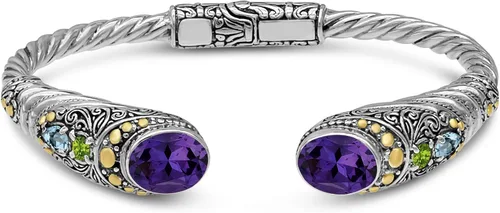 Vista 2 de DEVATA Sterling Silver 925 and 18K Gold with AmethystCitrineBlue TopazPeridotPink Topaz Bali Filigree Cuff Bracelet DHK3585