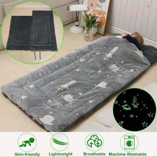 Vista 4 de Saco de dormir para niños y niñas que brilla en la oscuridad, saco de dormir luminoso y suave, tapete para siesta preescolar, guardería, jardín
