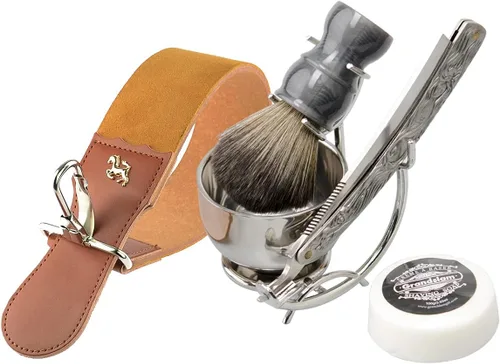 Vista 9 de Kit de afeitado con navaja recta Grandslam, navaja recta de acero con afilador de cuero, cepillo de afeitar, cuenco y soporte de afeitar de acero