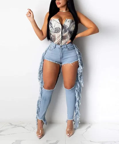 Vista 4 de Women's Skinny Ripped Jeans Stretch Destroyed Mid High Waist Denim Pants