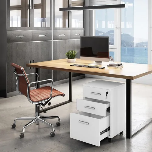 Vista 4 de Archivador móvil con 1 cajón con cerradura, polea de 360 grados, amplio diseño de elevación de escritorio, archivador de madera, archivador rodante