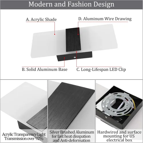Vista 5 de Lightess Aplique de pared moderno regulable. Aplique de pared de 12W en negro, lámpara de pared interior de acrílico para dormitorio, sala de estar