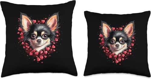 Vista 3 de Funny Dogs Lovers Men Women Kids Cute Gift Ideas Almohada de pelo largo con diseño de chihuahua negro y corazones para amantes de los perros, 16 x