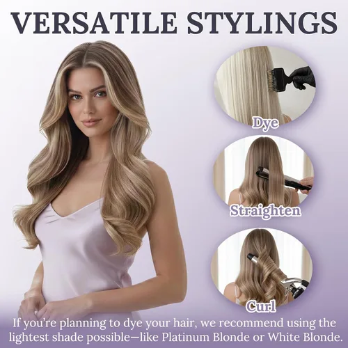 Vista 8 de Fshine - Extensiones de cabello con hilo invisible de 12 pulgadas, color rubio ceniza con reflejos de rubio decolorado, pieza de cabello humano real