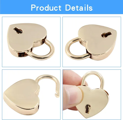 Vista 4 de Piutouyar 3 cerraduras en forma de corazón, candado de metal dorado, pequeño y lindo mini cerradura con llave para caja de almacenamiento de joyas