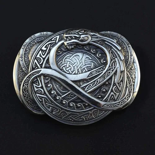 Vista 2 de Hebilla de cinturón Jormungand de plata, antiguo dragón escandinavo nórdico Jormungandr Ouroboros hebilla de cinturón de plata esterlina 925 maciza