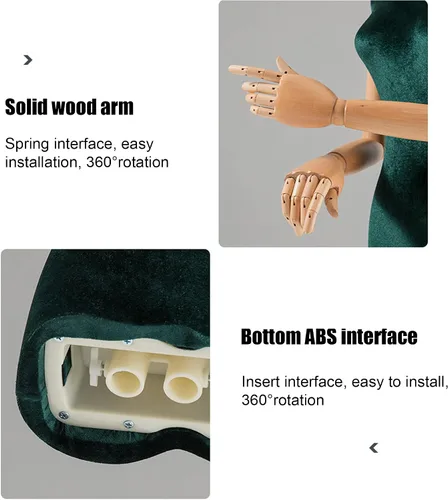 Vista 3 de Torso de maniquí de forma de vestido femenino, altura del cuerpo del maniquí de terciopelo ajustable, con brazo de madera maciza y base de metal