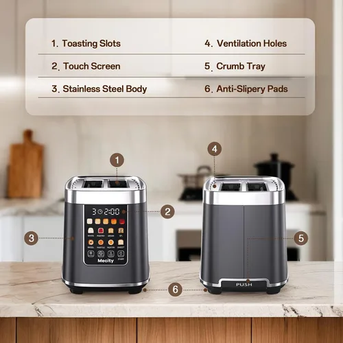 Vista 8 de Mecity Tostadora de 2 rebanadas con pantalla táctil y elevación automática, tostadora de acero inoxidable de tacto frío con 8 ajustes de pan, 5
