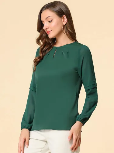 Vista 3 de Allegra K Blusa elegante de gasa para mujer, de manga larga, con cuello de ojo de cerradura