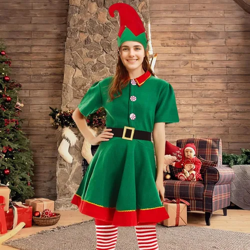 Vista 7 de Forfamy Disfraz de elfo de Navidad para adultos, hombres, mujeres y niños, disfraz festivo de Papá Noel, sombrero de elfo, orejas, accesorios