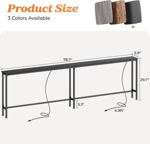 Vista 3 de SUPERJARE - Mesa de sofá de 79 pulgadas con 2 tomas de corriente y puertos USB-C, mesa consola estrecha de 5.9 pulgadas con almacenamiento, mesa