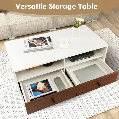 Vista 4 de Giantex Mesa auxiliar rectangular de madera, mesa central moderna de 2 niveles con 2 cajones, 2 estantes de almacenamiento, fácil montaje, soporte