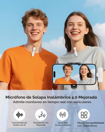 Vista 2 de Mini micrófono inalámbrico para iPhone, paquete de 2 micrófonos Lavalier para grabación de video, micrófono de solapa con reducción de ruido 2 en 1