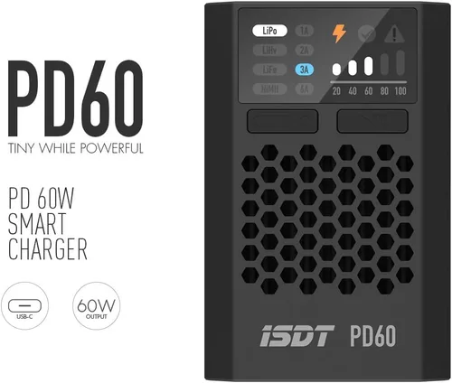 Vista 2 de ISDT PD60S XT60 Conector 60W 6A Cargador de equilibrio de batería Tipo C Entrada para batería Lipo 1-4S, vida útil, Lilon, LiHv/Pb/NiMH Batería