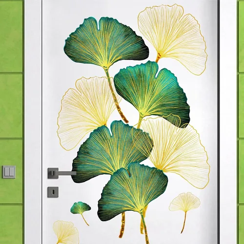 Vista 9 de Calcomanías de pared de hojas doradas, calcomanías de pared de hojas verdes, calcomanías de pared modernas para dormitorio, sala de estar, Oro