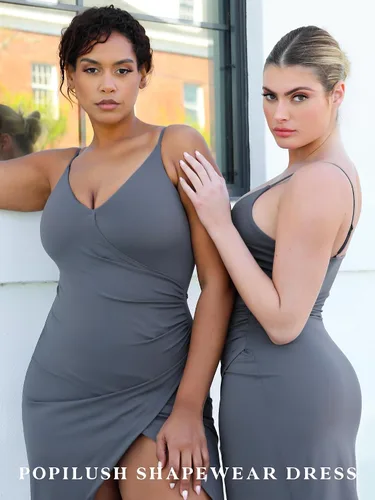 Vista 6 de Popilush Vestido midi negro para mujer con faja moldeadora integrada, vestidos de playa negros para verano, vestido ajustado para vacaciones
