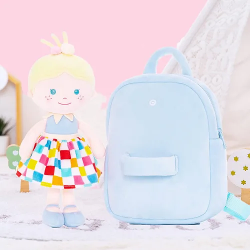Vista 6 de Onetoo Mochila para niños pequeños con muñecas suaves en vestido a cuadros de 9.5 pulgadas