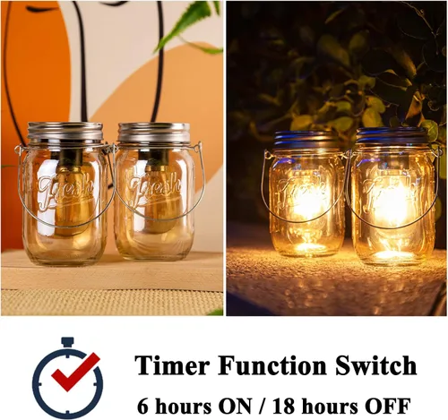 Vista 3 de MJ PREMIER - Paquete de 2 linternas LED ámbar con tarro de masón, funciona con pilas, luces de vidrio vintage inalámbricas con temporizador de 6