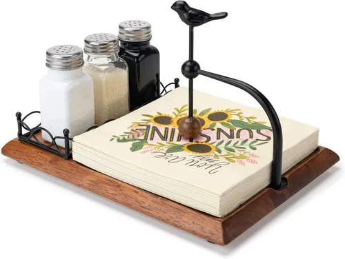 Vista 8 de Servilletero de madera para mesa, servilleteros para servilletas de papel, servilletero plano de madera con mango en forma de pájaro, decoración