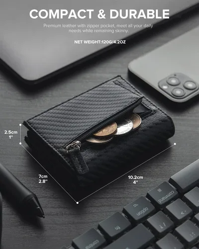 Vista 6 de VULKIT Tarjetero con bolsillo para monedas, cierre magnético, tarjetas emergentes con ventana de identificación, cartera de cuero para efectivo