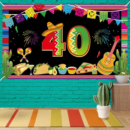 Vista 4 de Cartel de feliz cumpleaños 40 para hombres y mujeres, suministros de fiesta de cumpleaños mexicano de 40 años, póster de fondo para cabina de fotos