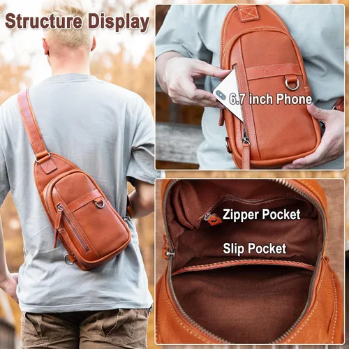 Vista 4 de CENUNCO Geniune - Bolso bandolera de cuero para hombres y mujeres, bolso cruzado para el hombro, mochila para el pecho