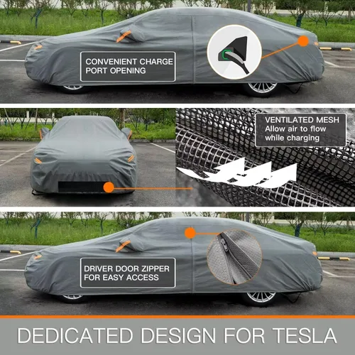 Vista 4 de Kayme Funda de Coche de Servicio Pesado Impermeable para Todo Tipo de Clima, Ajuste Personalizado para Tesla Model S, Cubierta Exterior Completa
