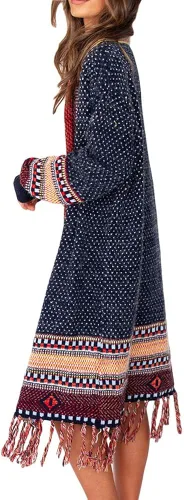 Vista 4 de FERBIA - Suéter tipo cárdigan bohemio para mujer largo abierto al frente tejido con borlas y flequillos estilo tribal