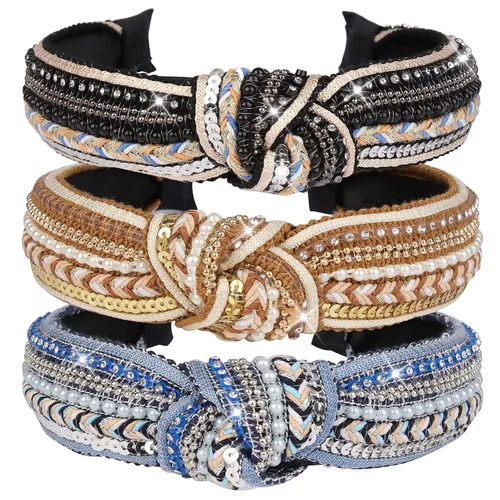 Vista 8 de TOBATOBA Diademas anudadas para mujer, paquete de 3 diademas con cuentas de perlas de diamantes de imitación, diademas bohemias con nudo superior
