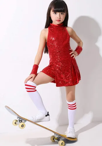 Vista 3 de LOLANTA Vestido de baile de lentejuelas para niñas de 4 a 12 años, traje de baile de hip hop, sin mangas y pantalones cortos