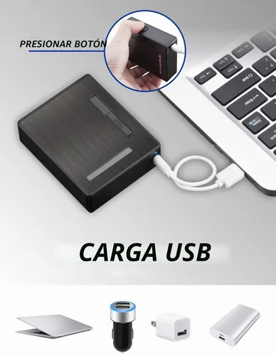 Vista 5 de Estuche de cigarrillos de expulsión automática de 20 piezas con encendedor de arco eléctrico recargable, resistente al viento, sin llama, soporte