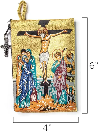 Vista 2 de Bolsa de rosario católico, crucifixión y anima Christi Alma de Cristo oración, 4 x 6 pulgadas, joyería y monedero con cruz, pequeña bolsa tejida