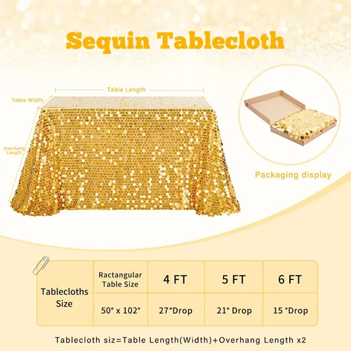 Vista 7 de B-Cool Mantel rectangular de lentejuelas doradas de 50 x 102 pulgadas, mantel rectangular con purpurina para fiestas, bodas, cumpleaños, Halloween