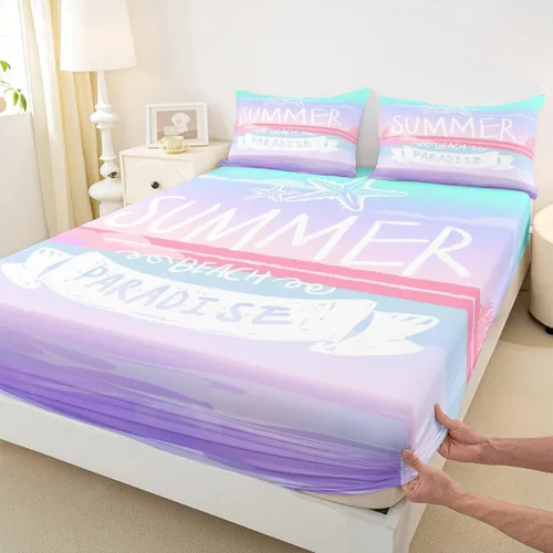 Vista 4 de Juego de sábanas de verano para niños, tamaño individual, con diseño de estrella de mar, vista hawaiana, decoración de habitación de niñas y niños