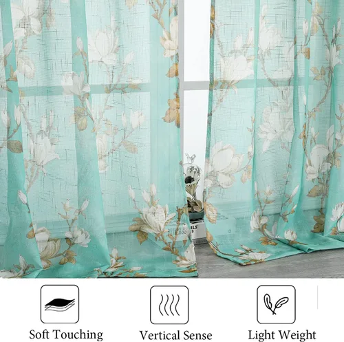 Vista 4 de SMILE WEAVER 2 paneles de cortinas traslúcidas turquesa de 45 pulgadas de largo, para sala de estar, cortinas semitransparentes florales